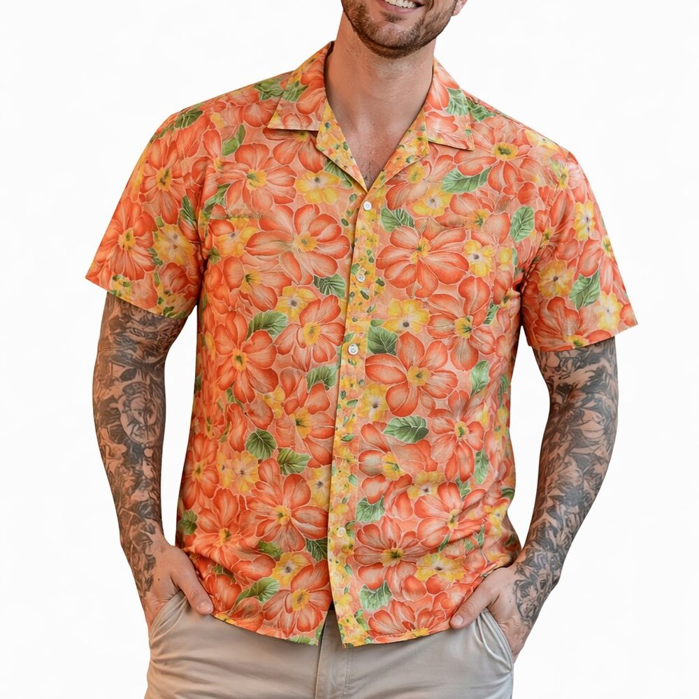 Men's Pomare Vintage Textured Colorful 70s Hawaiian Shirt Camp Collar Woven